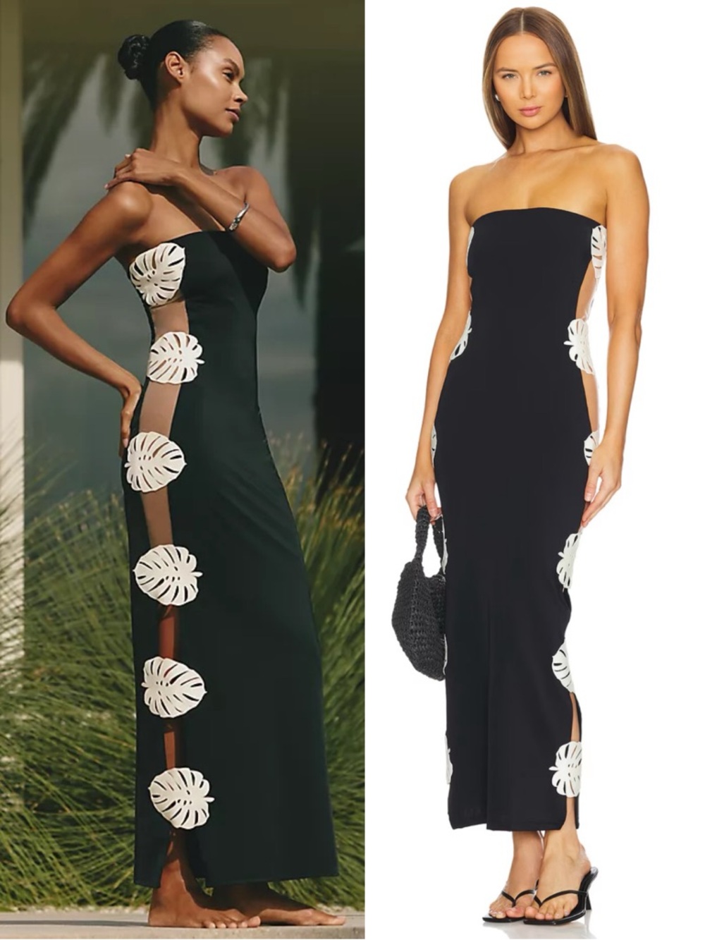 NEW NWT Bahia Maria Hoja Rota Strapless Palm Leaf Maxi Dress In Black